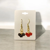 Gold Floral Drop Earrings with Black and Red Enamel Charms