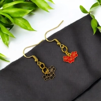 Gold Floral Drop Earrings with Black and Red Enamel Charms