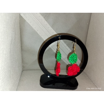 Red Flower & Green Leaf Crochet Earrings