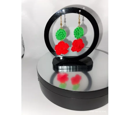 Red Flower & Green Leaf Crochet Earrings