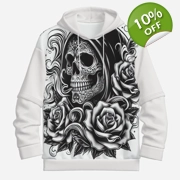 Men's Rose Of The Reaper -b Gothic Skull Tattoo Line Art Hoodie