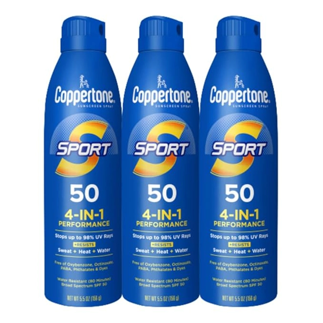 product Image for Coppertone Sport Sunscreen Spray SPF 50, Pack of 3, 5.5 Oz Bottles | Sweat, Heat and Water Resistant