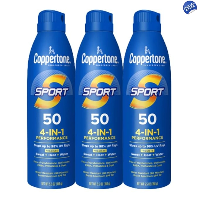 product Image for Coppertone Sport Sunscreen Spray SPF 50, Pack of 3, 5.5 Oz Bottles | Sweat, Heat and Water Resistant
