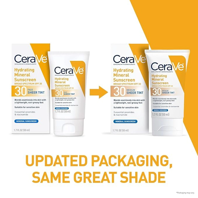 Additional Image for CeraVe Hydrating Mineral Sunscreen SPF 30 with Sheer Tint, Medium | Tinted Mineral Sunscreen with Zi