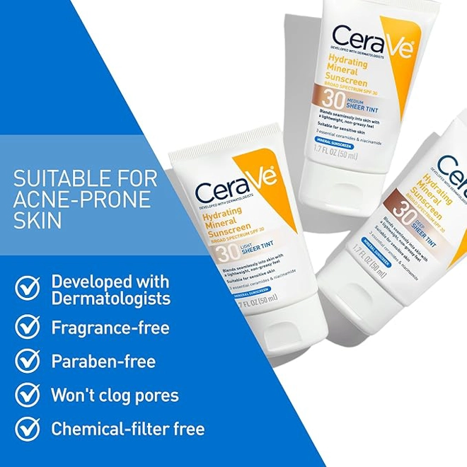 Additional Image for CeraVe Hydrating Mineral Sunscreen SPF 30 with Sheer Tint, Medium | Tinted Mineral Sunscreen with Zi