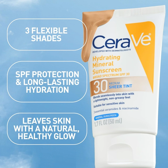 Additional Image for CeraVe Hydrating Mineral Sunscreen SPF 30 with Sheer Tint, Medium | Tinted Mineral Sunscreen with Zi