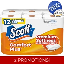 Scott ComfortPlus Toilet Paper, 12 Double Rolls, 231 Sheets per Roll, Septic-Safe, 1-Ply Toilet Tiss
