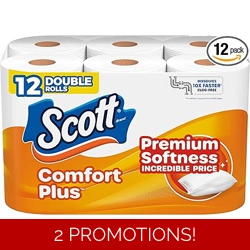 Scott ComfortPlus Toilet Paper, 12 Double Rolls, 231 Sheets per Roll, Septic-S..