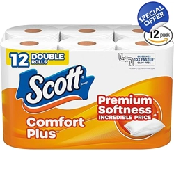 Scott ComfortPlus Toilet Paper, 12 Double Rolls, 231 Sheets per Roll, Septic-S..