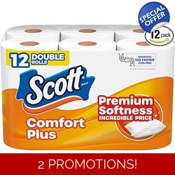 Scott ComfortPlus Toilet Paper, 12 Double Rolls, 231 Sheets per Roll, Septic-S..