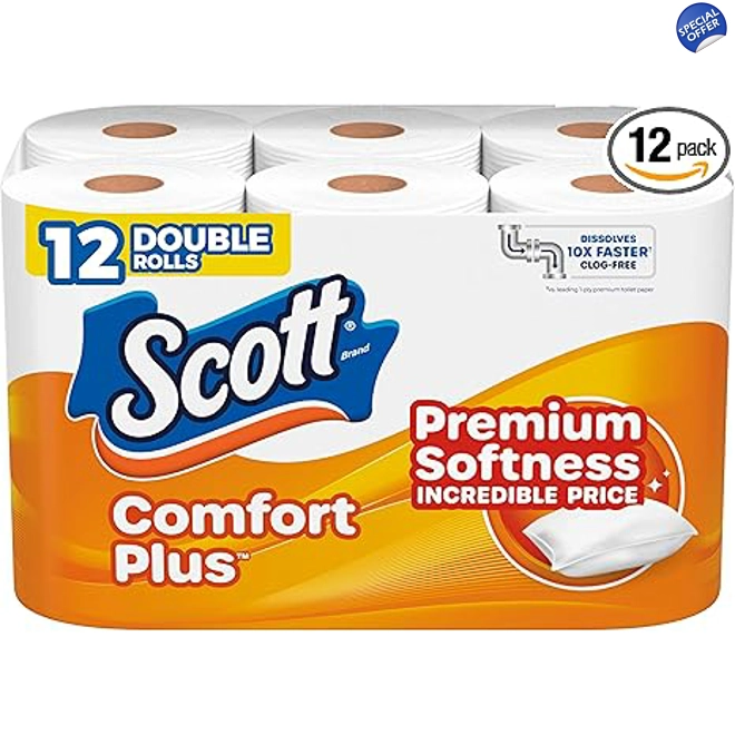 product Image for Scott ComfortPlus Toilet Paper, 12 Double Rolls, 231 Sheets per Roll, Septic-Safe, 1-Ply Toilet Tiss