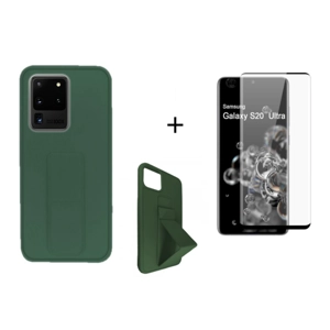 Capa de Silicone Premium c/ suporte magnético p/ Samsung Galaxy S20 Ultra + Pelicula de vidro temperado Premium 11D curvo - Verde