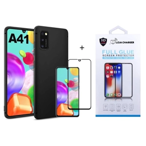 KIT Película de Vidro 11D Temperado + Capa Silicone Líquido LOJACHARGER para Samsung Galaxy A41- Preto