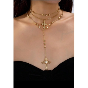 Three layered cross necklaces/gold tone