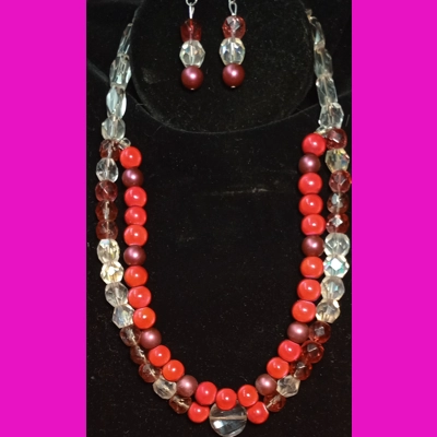 14"  Red Pearl with Clear Glass double string