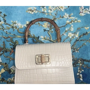 Cream Moc Croc Bamboo Handle Bag