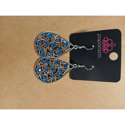 Paparazzi Silver-Tone Filigree Teardrop Earrings with Blue Rhinestones