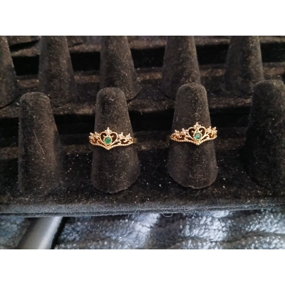 Two Princess Crown Rings With Green Emeralds