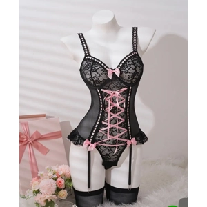 Midnight Temptation: 3-Piece Black Lace With Pink Ribbon, Corset Bodysuit Set