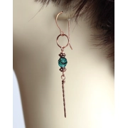 Long Twisted Copper Wire Teal Glass Earrings