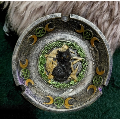 Black cat pentacle and moons incence dish