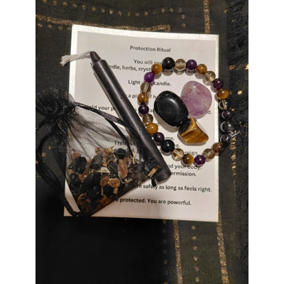 Deluxe Protection Spell Kit – Crystal Bracelet, Amethyst, Tiger’s Eye, Obsidian & Black Candle Ritua