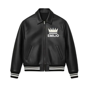 Emilio Men's Leather Black Bomber Jacket Size X Large