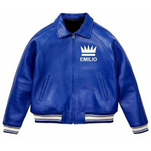 Emilio Men's Leather Light Blue Bomber Jacket Size Large