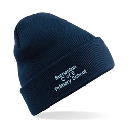 Burneston Primary School Embroidered Beanie Hat, Navy blue