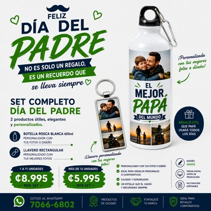 Set Día del Padre Personalizado - Botella Personalizada 600ml + Llavero Personalizado