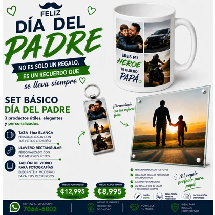 Set Día del Padre – Taza + Llavero + Tablón de Vidrio Personalizado