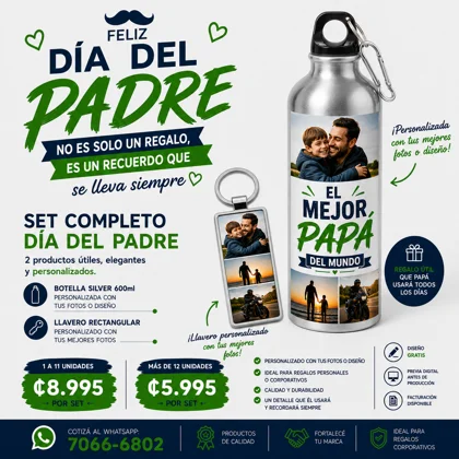 Set Día del Padre Personalizado - Botella Silver Personalizada 600ml + Llavero Personalizado