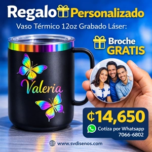 Vaso Térmico 12oz Negro Tornasol con Agarre | Grabado Láser Premium