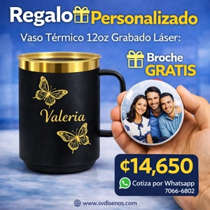 Vaso Térmico 12oz Negro Dorado con Agarre | Grabado Láser Premium