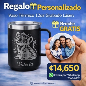 Vaso Térmico 12oz Negro con Agarre | Grabado Láser Premium