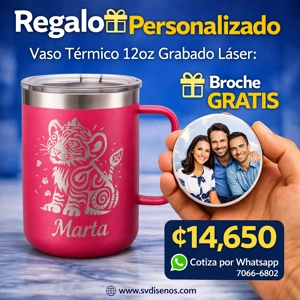 Vaso Térmico 12oz Rosado con Agarre | Grabado Láser Premium