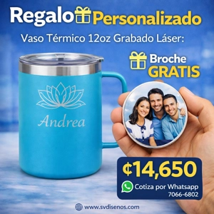 Vaso Térmico 12oz Celeste Turquesa con Agarre | Grabado Láser Premium