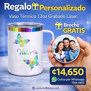Vaso Térmico 12oz Blanco Tornasol con Agarre | Grabado Láser Premium