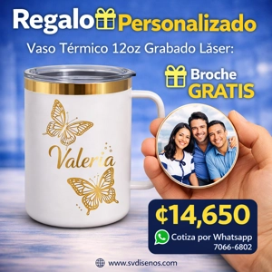 Vaso Térmico 12oz Blanco Dorado con Agarre | Grabado Láser Premium