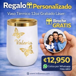 Vaso Térmico 12oz Blanco acabado Dorado – Estilo Huevera | Grabado Láser Premium