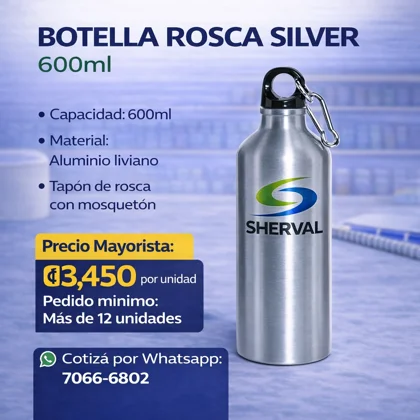 Set 12 Botellas Roscas Silver 600ml – Personalizada con Logo Sublimado- (3,450 colones cada una)