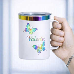 Vaso Térmico 12oz Blanco Tornasol con Agarre | Grabado Láser Premium