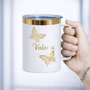 Vaso Térmico 12oz Blanco Dorado con Agarre | Grabado Láser Premium