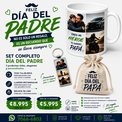 Set Día del Padre Personalizado – Taza + Llavero + Bolsita de Lino
