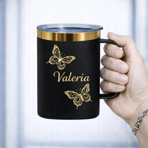 Vaso Térmico 12oz Negro Dorado con Agarre | Grabado Láser Premium