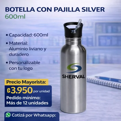 Botella Personalizada con Pajilla Silver 600ml - ₡3.950 (mas de 12 unidades)