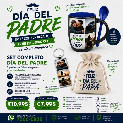 Set Día del Padre Personalizado - Taza Mágica + Llavero + Bolsita Personalizada