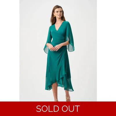 Elegant Emerald Green Chiffon Wrap Midi Dress with Cape Sl..