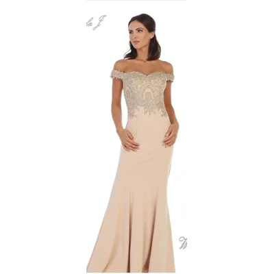 Champagne Embellished Off-the-Shoulder Mermaid Evening Gown