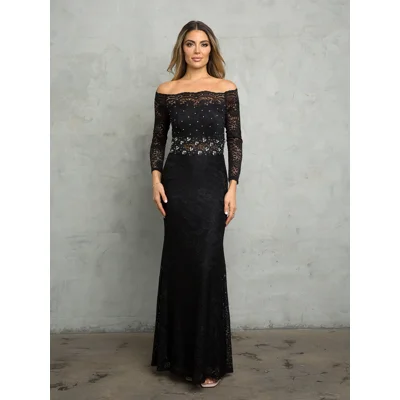 Black Lace Off-the-Shoulder Embellished Evening Gown